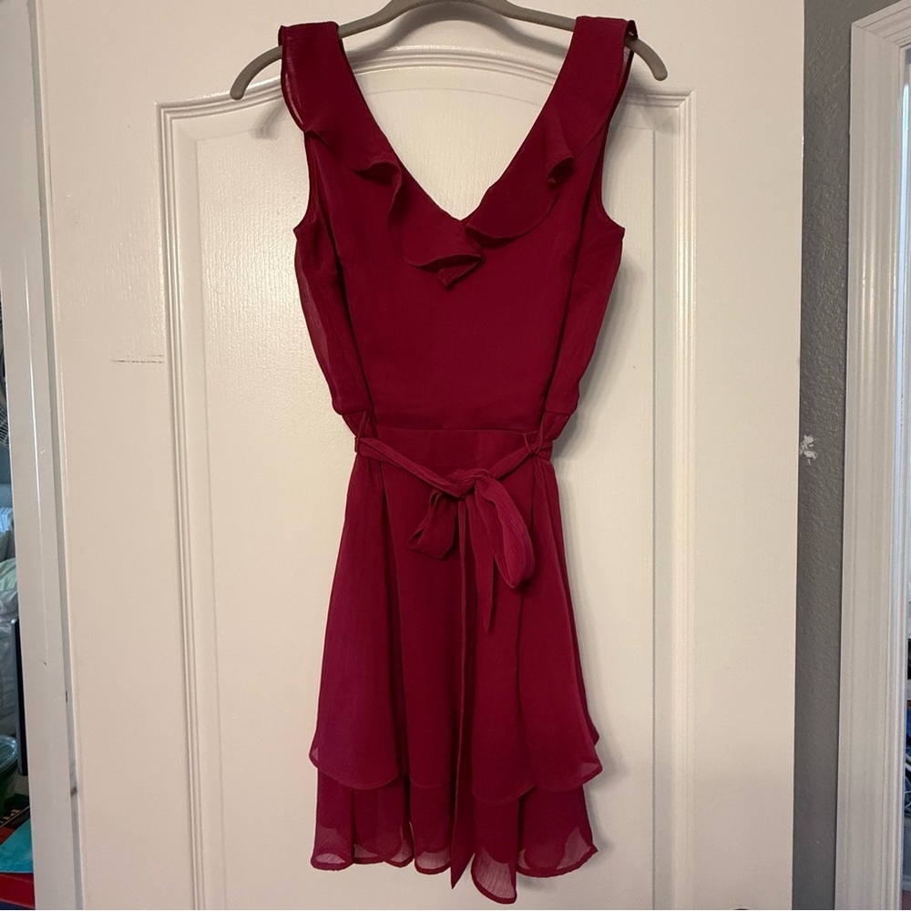 BCX Burgundy Chiffon Ruffle Fit & Flare Dress Women’s S Fully Lined Graduation
